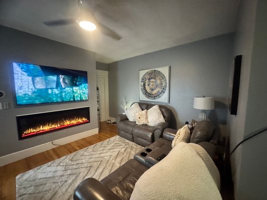Home Theatre Room, Fireplace, Interior, Living room, Wood Texture Flooring
