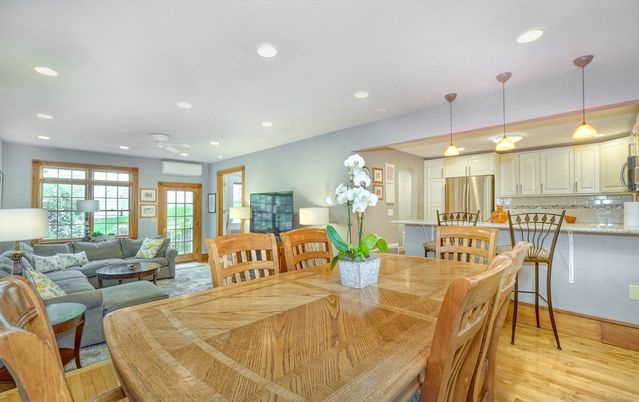 Dining room, Interior, Kitchen, Living room, Pendant Lights, Recessed Lighting, Stainless Steel Appliances, Wood Texture Flooring