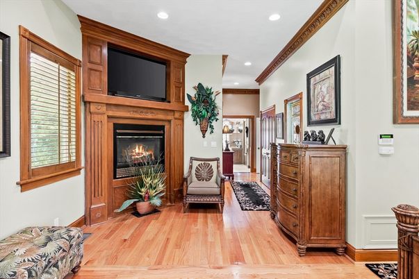 Fireplace, Interior, Recessed Lighting, Wood Texture Flooring