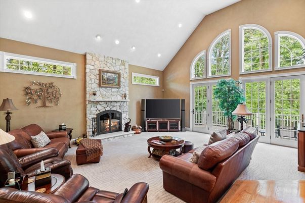 Fireplace, Interior, Living room, Recessed Lighting, Stone Walls