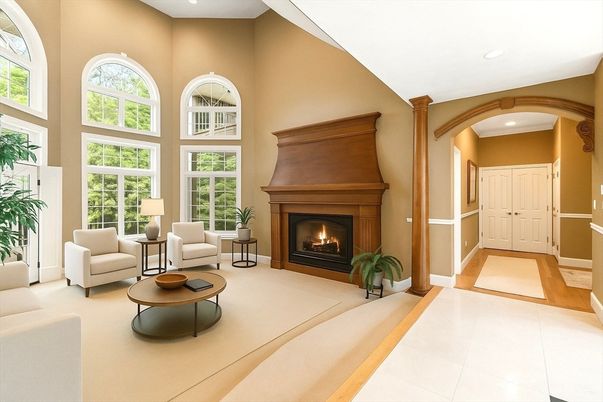Fireplace, Interior, Living room, Recessed Lighting, Wood Texture Flooring