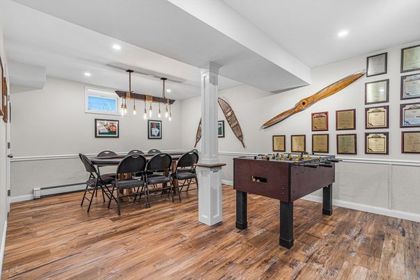 Dining room, Game Room, Interior, Pendant Lights, Recessed Lighting, Wood Texture Flooring