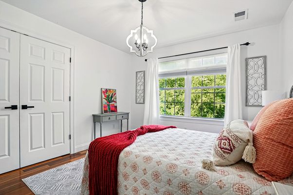 Bedroom, Interior, Pendant Lights, Wood Texture Flooring
