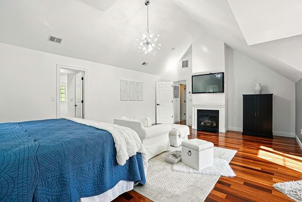 Bedroom, Fireplace, Interior, Pendant Lights, Wood Texture Flooring