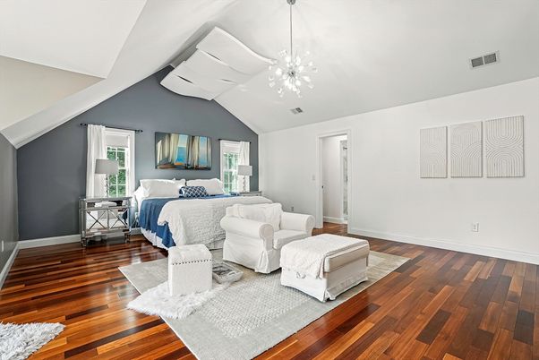 Bedroom, Interior, Pendant Lights, Wood Texture Flooring