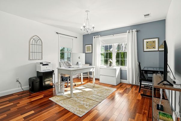 Chandelier, Home Office, Interior, Wood Texture Flooring