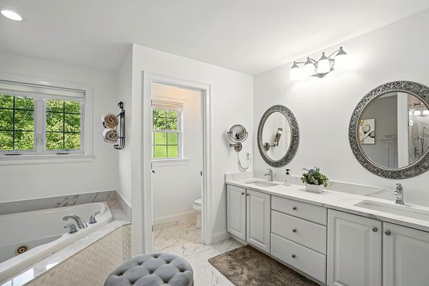 Bathroom, Dual Sink Vanities, Interior, Marble, Recessed Lighting