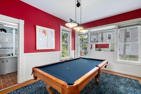 Billiard Table, Game Room, Interior, Pendant Lights, Wood Texture Flooring