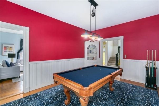 Billiard Table, Game Room, Interior, Pendant Lights, Wood Texture Flooring