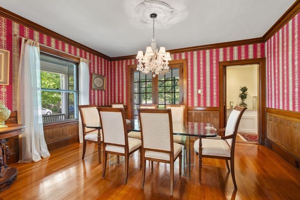 Chandelier, Dining room, Interior, Wood Texture Flooring