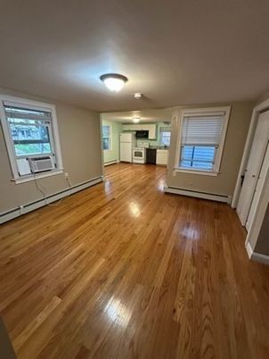 Empty room, Interior, Kitchen, Stainless Steel Appliances, Wood Texture Flooring