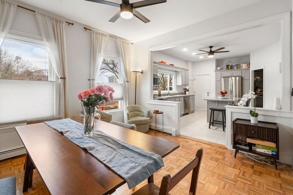 Dining room, Interior, Kitchen, Recessed Lighting, Wood Texture Flooring