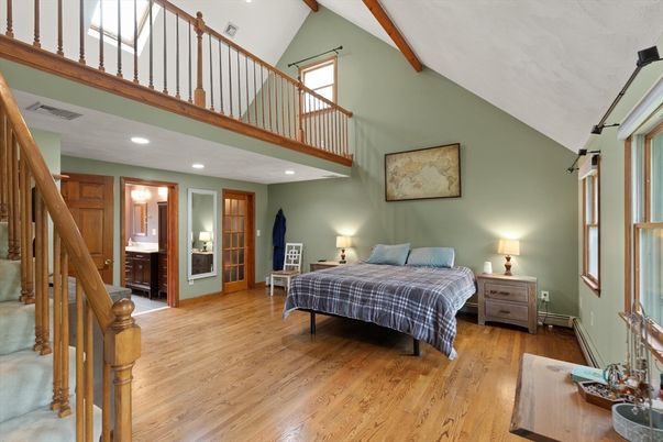 Bedroom, Interior, Recessed Lighting, Wooden Beams, Wood Texture Flooring