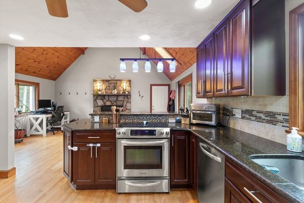 Interior, Kitchen, Recessed Lighting, Stainless Steel Appliances, Wooden Ceilings, Wood Texture Flooring