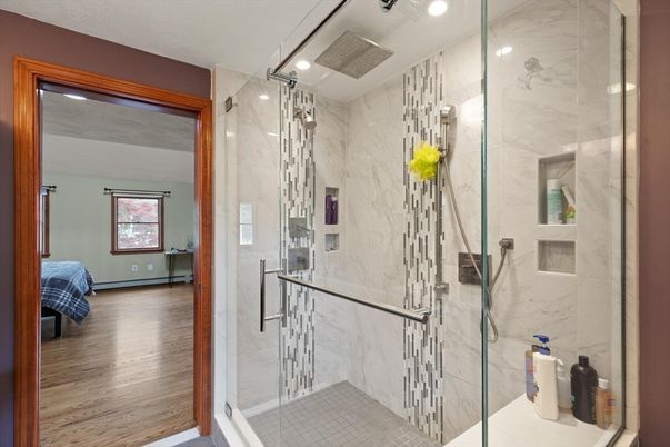 Bathroom, Glass Shower, Interior, Marble Walls, Recessed Lighting, Wood Texture Flooring