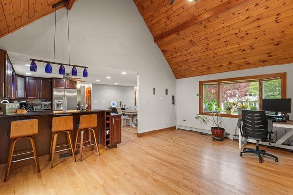 Home Office, Interior, Kitchen, Pendant Lights, Recessed Lighting, Stainless Steel Appliances, Wooden Ceilings, Wood Texture Flooring