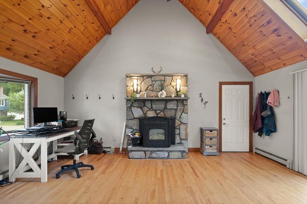 Fireplace, Home Office, Interior, Wooden Ceilings, Wood Texture Flooring