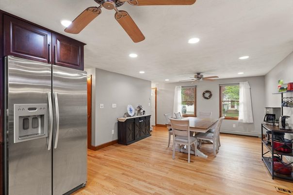 Dining room, Interior, Kitchen, Recessed Lighting, Stainless Steel Appliances, Wood Texture Flooring