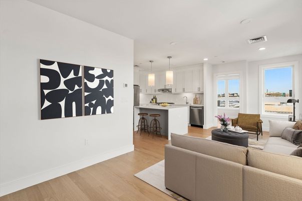 Interior, Kitchen, Living room, Pendant Lights, Recessed Lighting, Stainless Steel Appliances, Wood Texture Flooring