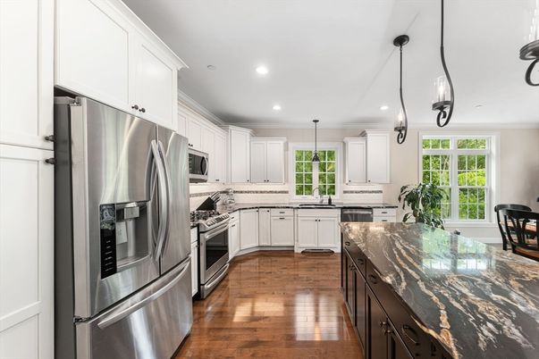 Interior, Kitchen, Pendant Lights, Recessed Lighting, Stainless Steel Appliances, Wood Texture Flooring