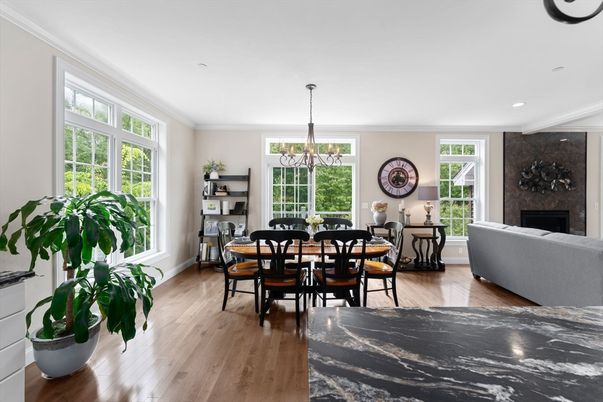 Chandelier, Dining room, Fireplace, Interior, Living room, Recessed Lighting, Wood Texture Flooring