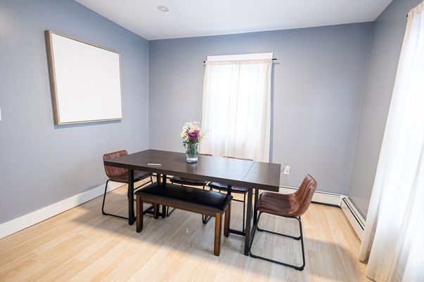 Dining room, Interior, Recessed Lighting, Wood Texture Flooring