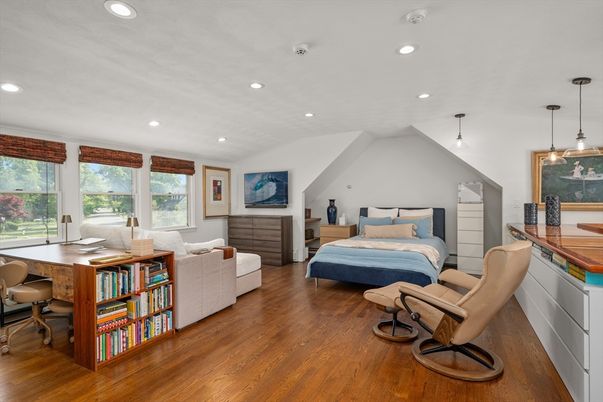 Bedroom, Home Office, Interior, Pendant Lights, Recessed Lighting, Wood Texture Flooring