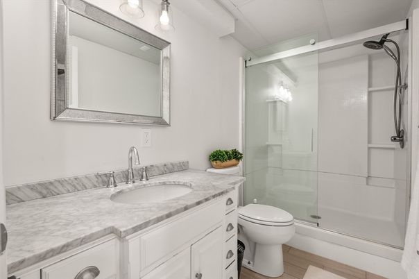 Bathroom, Glass Shower, Interior, Wood Texture Flooring