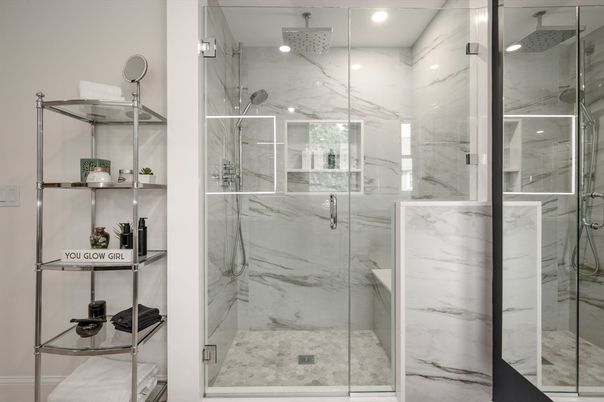 Bathroom, Glass Shower, Interior, Marble Walls, Recessed Lighting