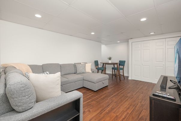 Dining room, Interior, Living room, Recessed Lighting, Wood Texture Flooring