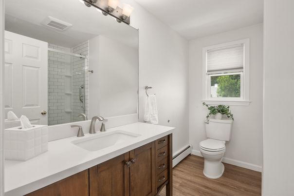 Bathroom, Glass Shower, Interior, Wood Texture Flooring