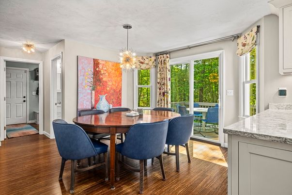 Dining room, Interior, Pendant Lights, Wood Texture Flooring