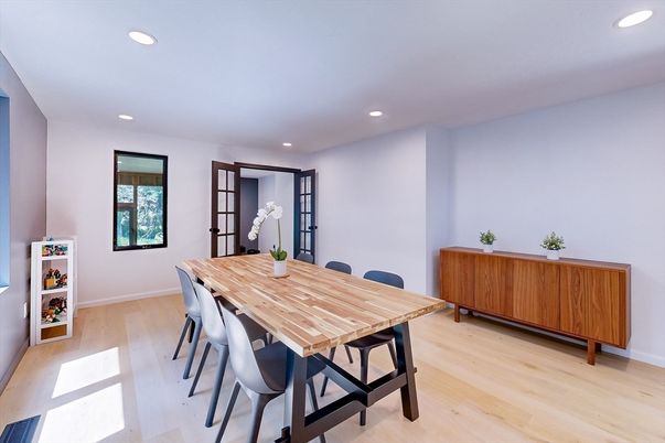 Dining room, Interior, Recessed Lighting, Wood Texture Flooring