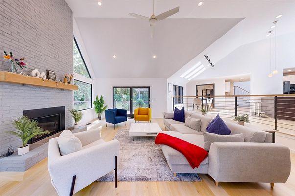 Fireplace, Interior, Living room, Pendant Lights, Recessed Lighting, Stone Walls, Wood Texture Flooring
