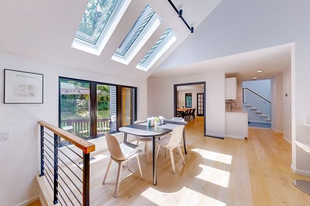 Dining room, Glass Ceilings, Interior, Recessed Lighting, Wood Texture Flooring