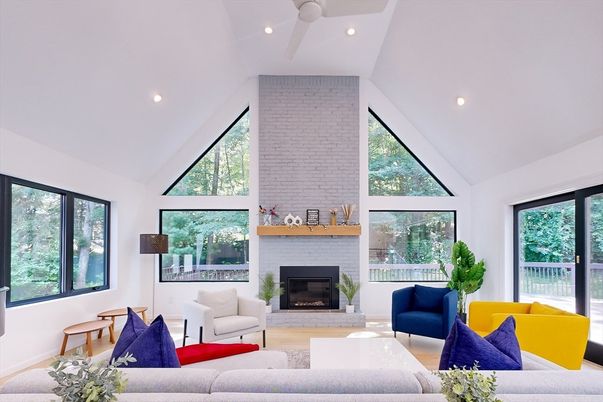 Fireplace, Interior, Living room, Recessed Lighting, Stone Walls