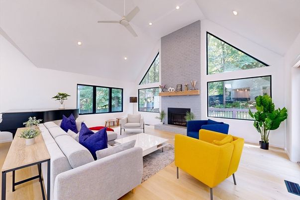 Fireplace, Interior, Living room, Recessed Lighting, Stone Walls, Wood Texture Flooring