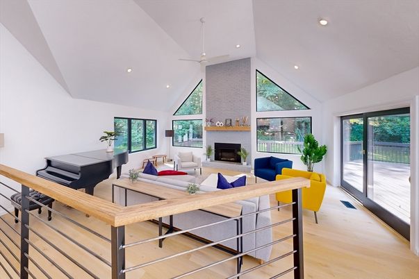 Fireplace, Interior, Living room, Piano, Recessed Lighting, Stone Walls, Wood Texture Flooring