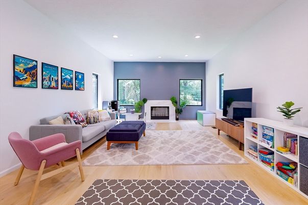 Fireplace, Interior, Living room, Recessed Lighting, Wood Texture Flooring