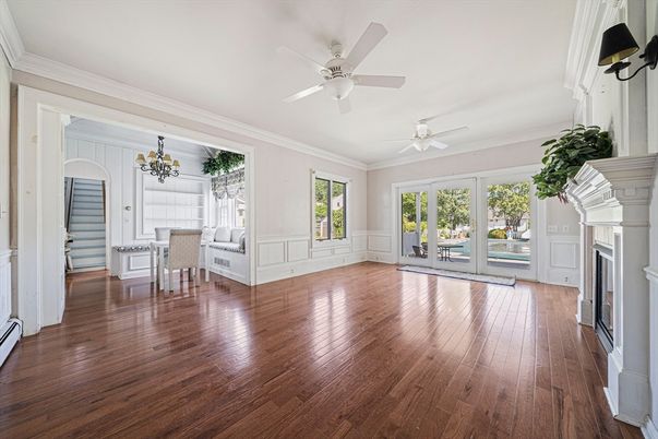 Chandelier, Empty room, Fireplace, Interior, Wood Texture Flooring