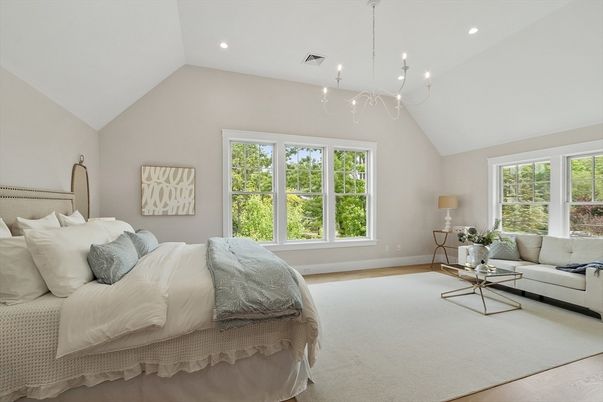 Bedroom, Chandelier, Interior, Pendant Lights, Recessed Lighting, Wood Texture Flooring