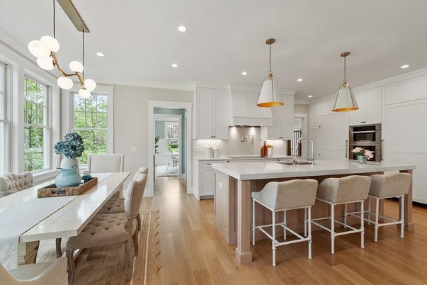 Dining room, Interior, Kitchen, Pendant Lights, Recessed Lighting, Stainless Steel Appliances, Wood Texture Flooring