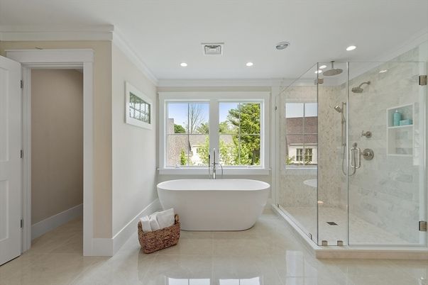 Bathroom, Free Standing Baths, Glass Shower, Interior, Marble Walls, Recessed Lighting