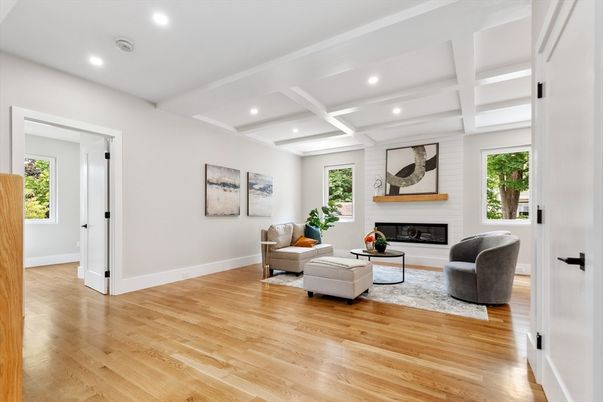 Fireplace, Interior, Living room, Recessed Lighting, Wood Texture Flooring