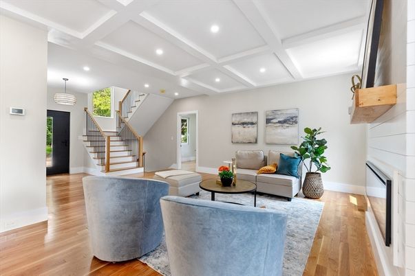 Interior, Living room, Pendant Lights, Recessed Lighting, Wood Texture Flooring