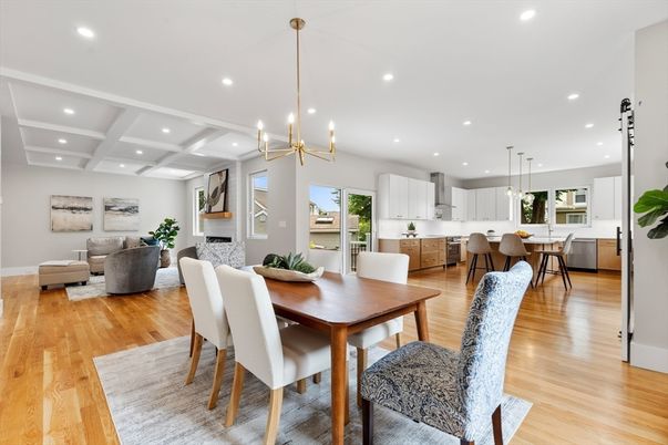 Dining room, Interior, Kitchen, Living room, Pendant Lights, Recessed Lighting, Wood Texture Flooring