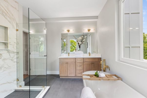 Bathroom, Dual Sink Vanities, Glass Shower, Interior, Marble Walls