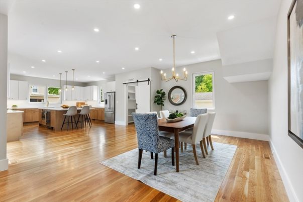 Dining room, Interior, Kitchen, Pendant Lights, Recessed Lighting, Stainless Steel Appliances, Wood Texture Flooring