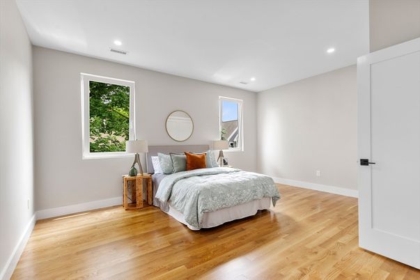 Bedroom, Interior, Recessed Lighting, Wood Texture Flooring