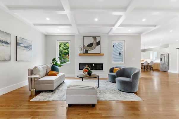 Fireplace, Interior, Kitchen, Living room, Pendant Lights, Recessed Lighting, Wood Texture Flooring